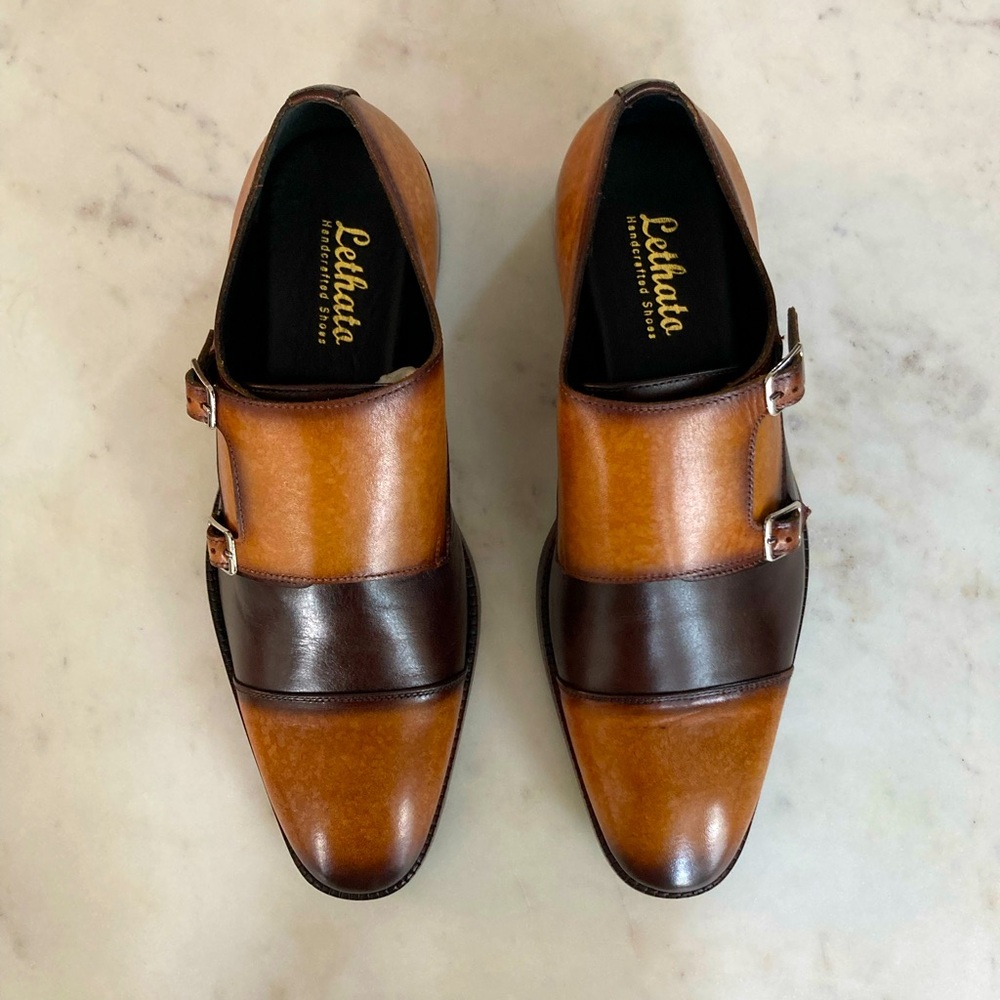 Lethato Captoe Double Monk Strap - Tan and Brown - UK 9/US 10/EURO/ 43.